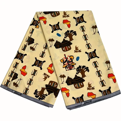 African Fabric Ethnic Print Ankara 100% Cotton 5 Yards Cream Sewing Material - Image 1 of 4