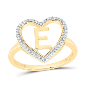 10K Yellow Gold Diamond Women's Block Letter E Initial Heart Frame Ring 1/10 CT - Picture 1 of 1