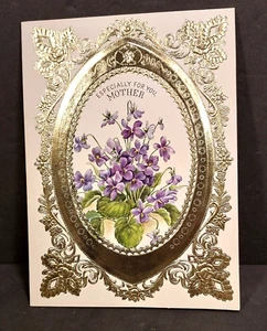 Vintage Hallmark Greeting Card  For Mother Ornate Gold Framed Violets & Message - Picture 1 of 2