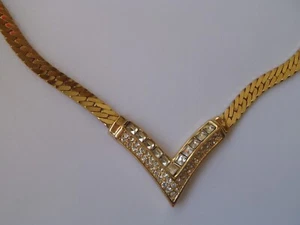 Vintage Christian Dior Necklace Vintage Gold Plated Crystal “V” Choker Necklace - Picture 1 of 9
