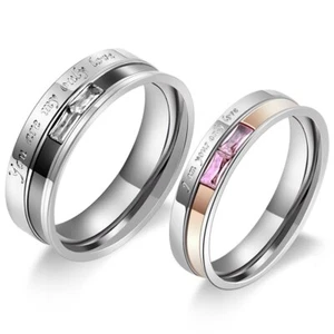 Zircon Embellishments Trendy Jewelry Stainless Steel Couple Rings Size 5-14 - Picture 1 of 7