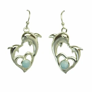EARRINGS Sterling Silver Earrings with 2 Dolphins and Heart Larimar Stone by S&F - Picture 1 of 4