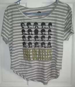 The Beatles T-Shirt Top Ladies Size L Gold Glitter Stripes Gray Hi-Lo Cropped - Picture 1 of 4