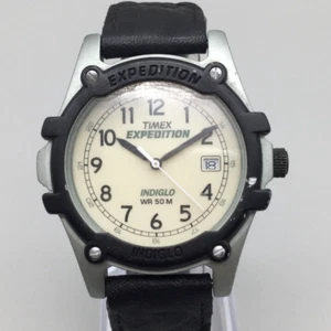 Timex Expedition Watch Men Indiglo 39mm Silver Tone Leather 2004 New Battery - Picture 1 of 16