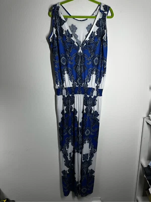 INC 女式连身裤黑色蓝色大号 L 条纹宽腿口袋见说明 — 第 1/4 张图片