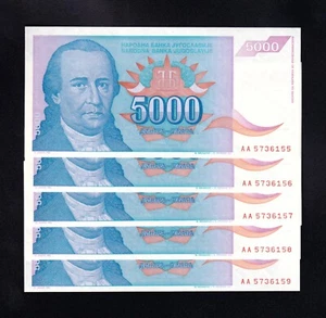 F.C. YUGOSLAVIA , LOTE 5 UNIDADES DE 5000 DINARES 1994 , S/C ( UNC ) , P.141a . - Imagen 1 de 2