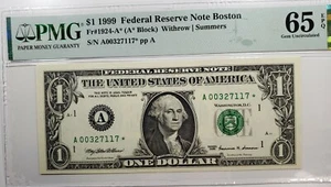 1999 $1 FEDERAL RESERVE NOTE BOSTON FR#1924-A* PMG-65 STAR NOTE - Picture 1 of 6