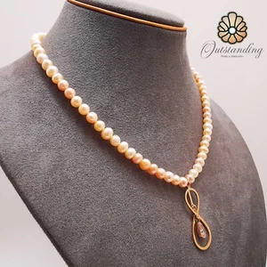 Real Natural 7mm Peachy Sea Pearl Beads Necklace 9ct Rose Gold Filled Pendant - Picture 1 of 17