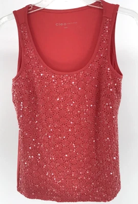 Cleo Tank Top Extra Small Dark Coral Sequin Lace Sleeveless Shirt Sparkle Petite - Image 1 of 4