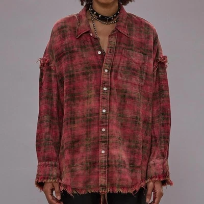 NWT~R13 Shredded Seam Drop Neck Shirt in Bleached Out Red Plaid Size XS - Image 1 of 4