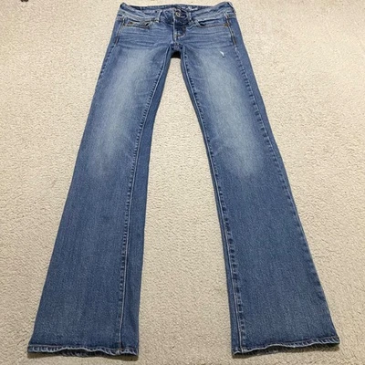 American Eagle Womens 4 Tall Jeans Blue Denim Low Rise Slim Bootcut Distressed - Image 1 of 4