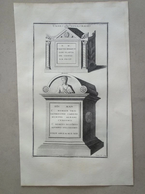 Urnes Grabstein Römer Nekropole Architektur Ornament Montfaucon Kupferstich 1722 - Bild 1 von 1
