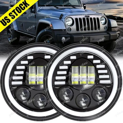 7" Inch LED Headlights Round Halo DRL For Jeep Wrangler JK LJ TJ 1997-2018 Pair — 第 1/4 张图片