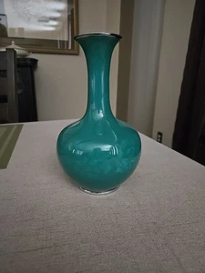 Ando Jubei Signed Japanese Cloisonné Turquoise Green Enamel Silver 8.5" Vase - Picture 1 of 8