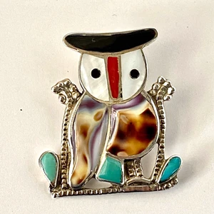 Vintage Zuni Pitkin Natewa sterling silver 925 inlay turquoise pin pendant owl - Picture 1 of 7