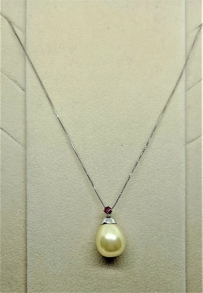 COLLANA ANTICA DONNA ORO BIANCO 18KT 750 PENDENTE PERLA MABÈ RUBINO VERO COLLIER - Immagine 1 di 2
