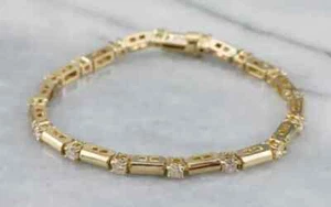 14K Yellow Gold Finish  Round Cut Lab Created Diamond Women's Tennis Bracelet - Picture 1 of 8