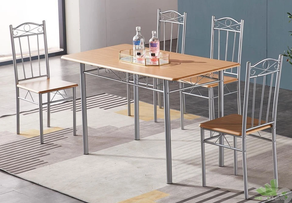 SET TAVOLO RETTANGOLARE 140x80xh75 CM + 6 SEDIE LEGNO CHIARO MDF ACCIAIO CUCINA - Immagine 1 di 1