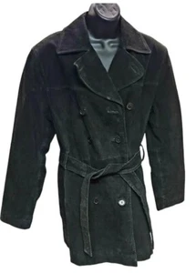 Vtg Middlebrook Black Leather Belted Notch Collar Button Jacket Coat Sz S - Picture 1 of 5