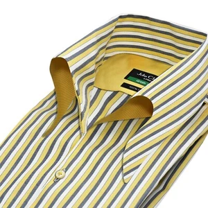 Herren gelb schwarz Streifen hoch offen Button Down Kragen knopflos Freizeithemd - Bild 1 von 11