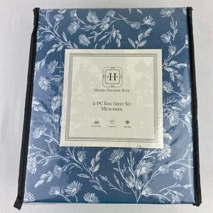 Modern Southern Home King Bed Sheet Set 4 Pc Blue Floral Microfiber B06 - Picture 1 of 5