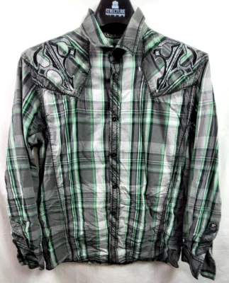 Camisa The Buckle Roar para hombre XL gris verde a cuadros bordada con botones Foto 1 de 4
