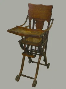 Antique Oak High Chair And Stroller Combination Chair - Picture 1 of 8