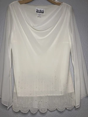 VTG Top Blouse Womens M Beaded Scallop Ivory White Sheer Sleeve Lined Cowl Neck - Image 1 of 4