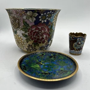 VTG Lot Of 3 Chinese Cloisonne Bowl Blue Floral Trinket Candy Dish Enamel Copper - Picture 1 of 14