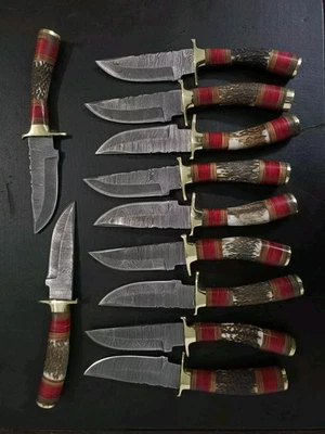 LOTE DE 10, 8" pulgadas Cuchillos Desolladores de Acero Damasco Hechos a Mano en Mango de Cuerno de Ciervo. Foto 1 de 4