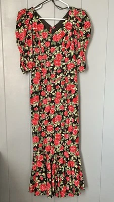 Princess Kaiulani Hawaiian Red Flowers Black Muumuu Dress Size 4 Style 9273 VTG - Image 1 of 4