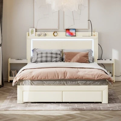 Cama queen size metal LED estrutura com cabeceira de armazenamento e extremidade de cama 2 gavetas - Imagem 1 de 4