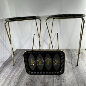 Vintage Metal TV Trays Lot Of 3 Seasons Tree Spring Winter Black Silver Gold MCM - Picture 1 of 22