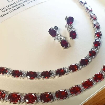 White gold finish Red ruby and created diamonds necklace bracelet earrings GIFT  - Image 1 of 4