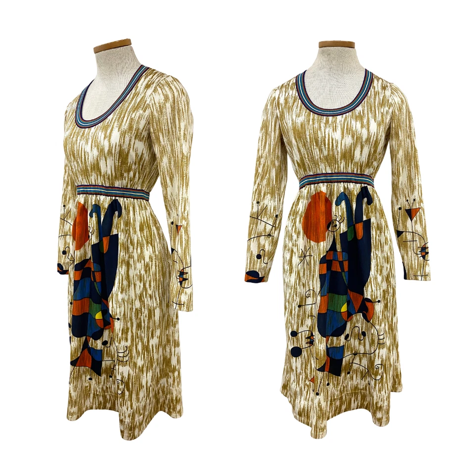 Vestido estampado vintage década de 1970 Goldworm Miró "Figuras de cabeça para baixo" - Imagem 1 de 4