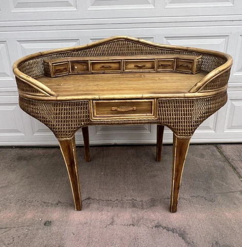 Vintage Bamboo Wicker Boho Desk/Vanity Curved W/ Leather Hardware Amazing MCM Cover
