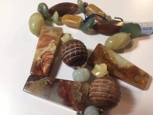 Jade Serpentine Agate Knotted Chunky Necklace 16” Boho Earthy Browns Greens NEW - Picture 1 of 6