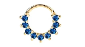Blue Sapphires Hinged Seam Ring Hoop Septum Clicker Daith Conch 14k Solid Gold - Picture 1 of 5