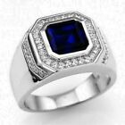 2Ct Lab-Created Blue Sapphire Men's Wedding Halo Band Ring 14K White Gold Finish