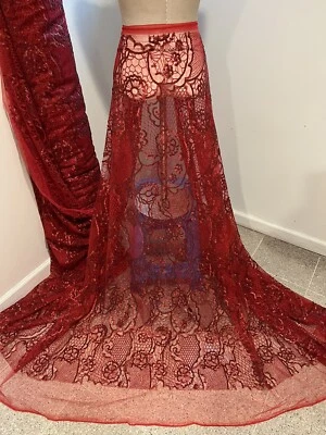 RED Embroidery Sequins Lace Fabric 50” Width 1 Yard - Image 1 of 4