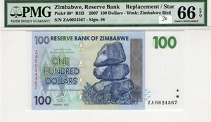 Zimbabwe 2007 100 Dollars PMG Replacement Star Note UNC Gem 66 EPQ Pick 69* * - Picture 1 of 2