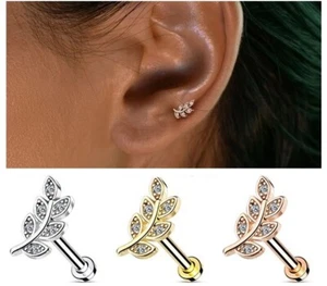 Crystal Leaf Tragus Helix Cartilage Earring - Gem Upper Ear Stud - Flat Back - Picture 1 of 3