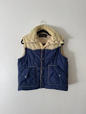 Vintage Men’s 1970’s 80’s Peter Frank Puffer Vest Navy And Beige Size L - Image 1 of 4