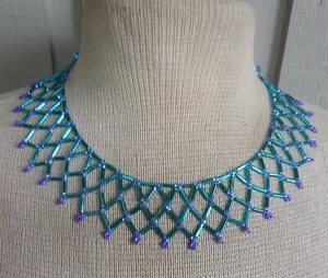 Netted Weave Beaded Choker Necklace Adjustable in Teal Green, Aqua Blue, Purple - Picture 1 of 6