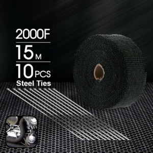 Heat Resistant 2000F Exhaust Wrap Black 15M*50mm + 10 Stainless Steel Ties - Picture 1 of 8