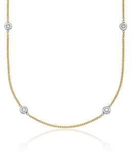 18K Solid Two Tone Gold Lab Diamond Station Chain Necklace - Picture 1 of 20