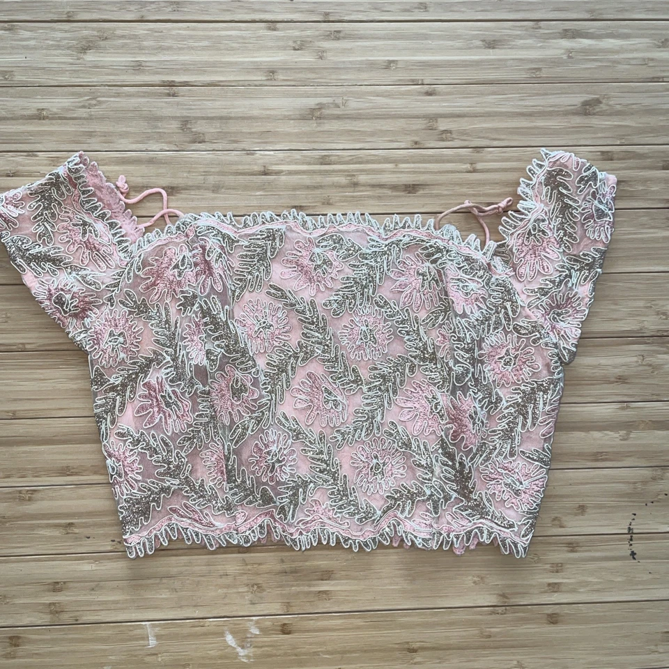 TOPSHOP Embroidery Embellished Crop Off Shoulder Golden Thread Nude Overlay Sz 4 - Image 1 of 4