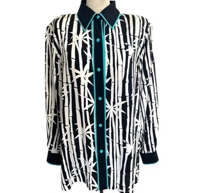 Туника женская Bob Mackie 1X 100% шелковая блузка на пуговицах зеленая с трубками искусство - Изображение 1 из 4