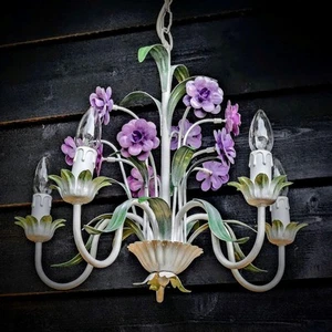 French tole chandelier purple flowers and green leaves, 5 lights - Picture 1 of 10