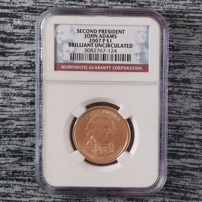 2007 P $1 John Adams Dollar Coin NGC Brilliant Uncirculated BU Second President  - Image 1 of 2